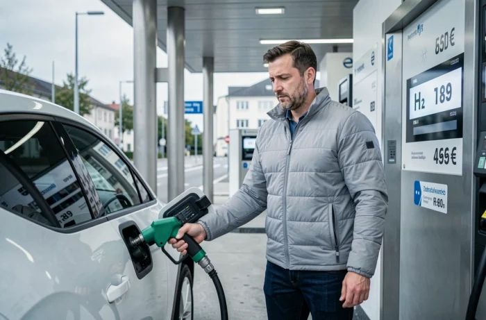 Homme faisant le plein d'hydrogène à une station H2 moderne avec affichage du prix en euros par kilogramme