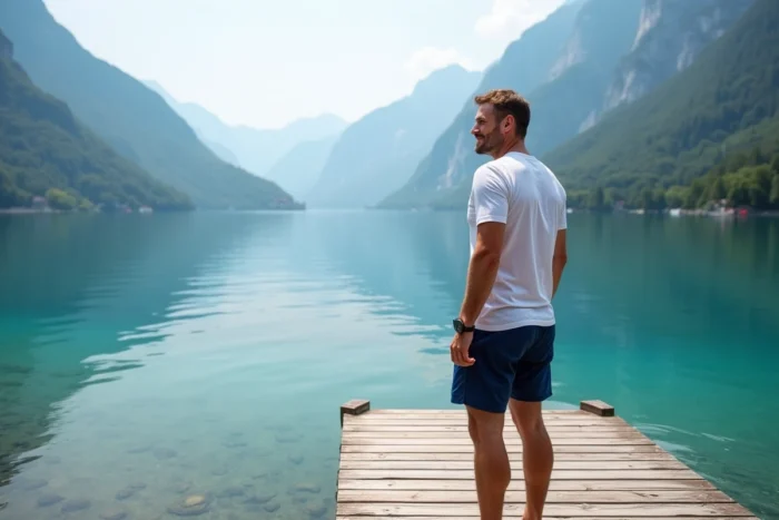 Homme sur un ponton en bois d'une plage privée du lac d'Annecy contemplant les sommets alpins