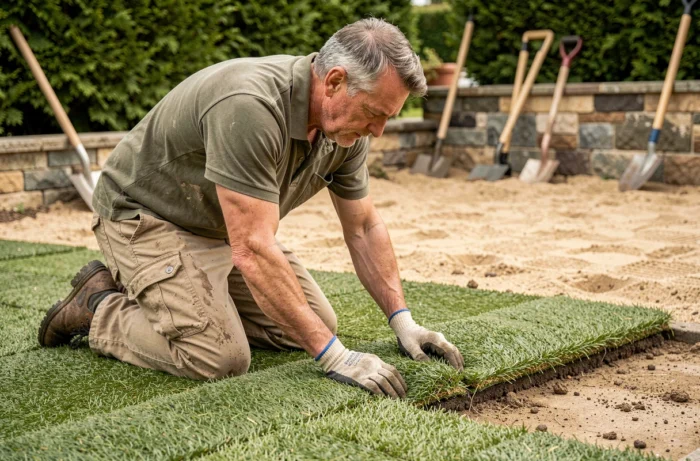 Paysagiste professionnel posant des rouleaux de gazon C4 hybride dans un jardin en cours d'aménagement
