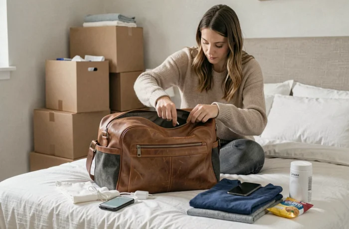Femme préparant un sac de première nuit avec le strict nécessaire avant le jour du déménagement