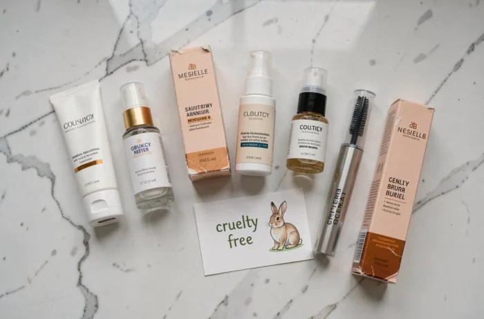Plat posé de produits cosmétiques avec mention cruelty free et symbole lapin, illustrant la question des tests sur animaux en beauté