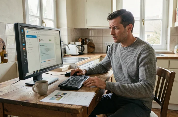Professeur homme se connectant au portail iProf depuis son domicile sur un ordinateur de bureau
