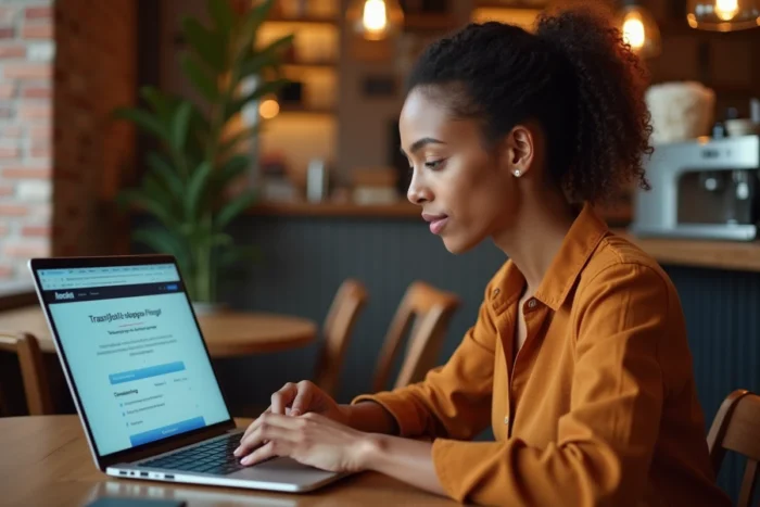 Jeune femme recherchant son éligibilité au bilan de compétences en formation continue sur un portail en ligne depuis un café