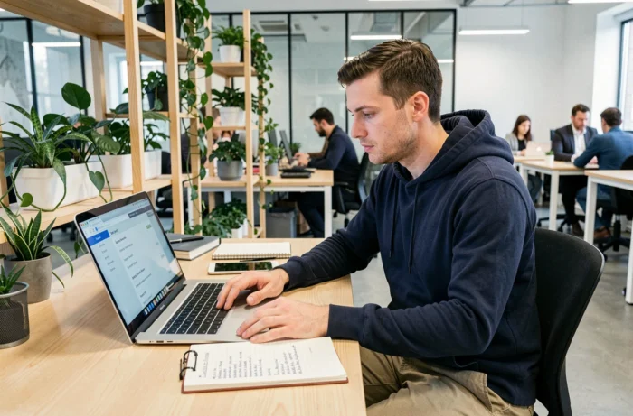 Homme consultant des offres d'emploi en startup sur son ordinateur portable dans un espace de coworking