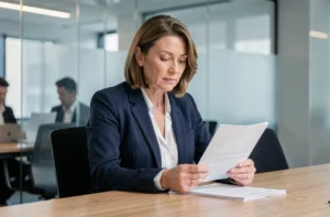 Femme professionnelle en blazer marine analysant des documents dans une salle de réunion moderne, illustrant la réflexion éthique en entreprise