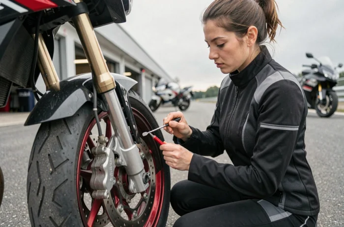 Pilote féminine réglant la fourche avant d'une Suzuki GSX 600R dans le paddock d'un circuit