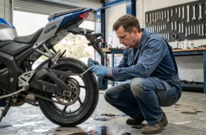 Mécanicien ajustant la suspension arrière d'une Suzuki GSX 600R dans un atelier moto professionnel