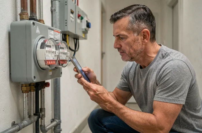 Homme photographiant les index des compteurs d'eau et d'électricité avant de rendre les clés