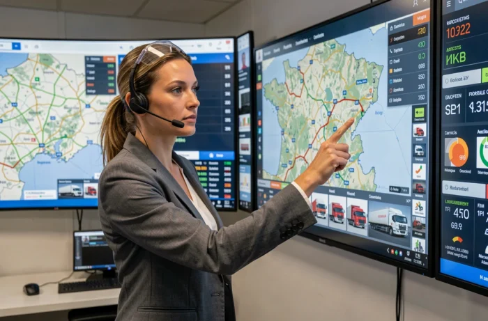 Responsable logistique française supervisant la gestion de flotte en temps réel sur des écrans numériques dans une salle de contrôle moderne