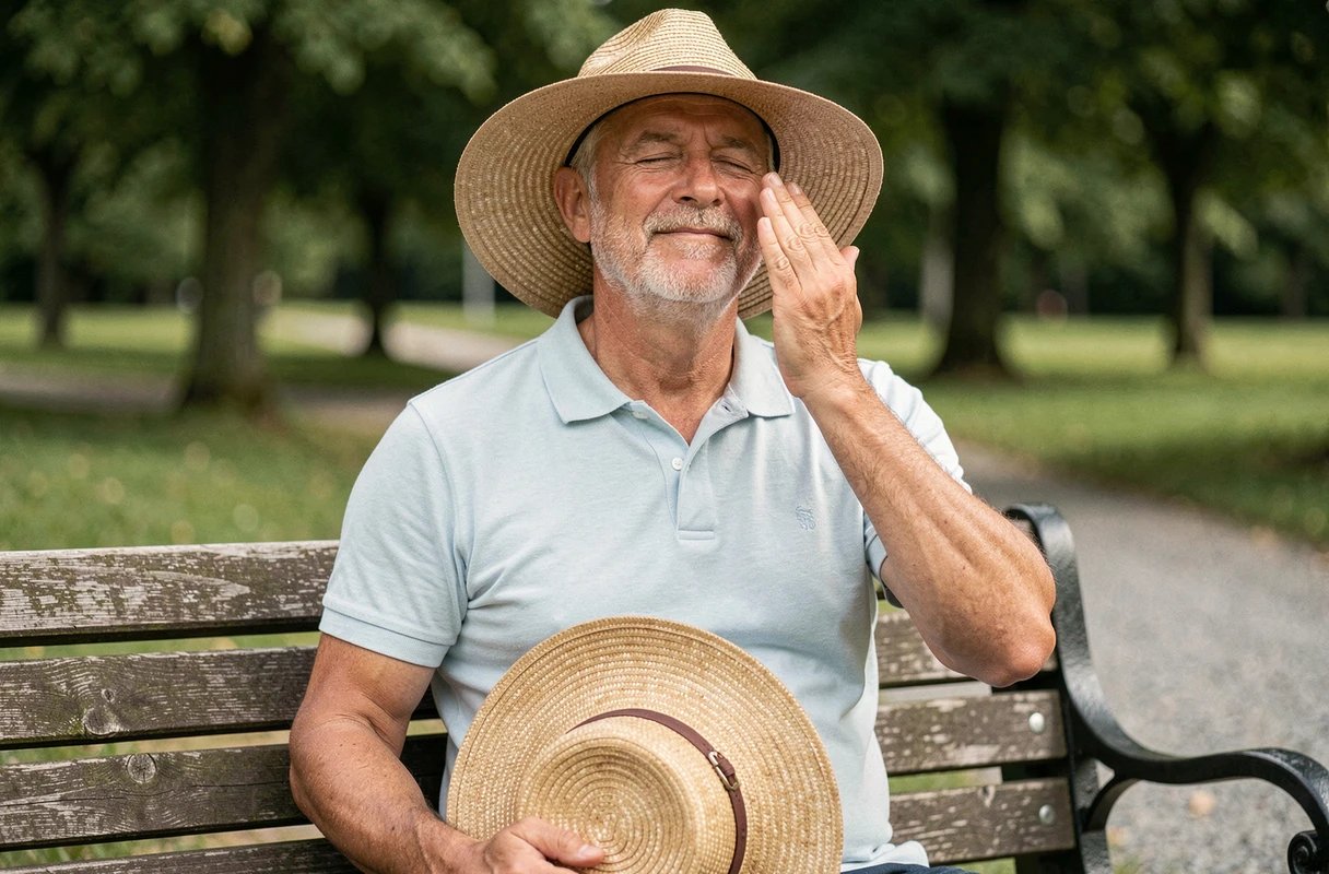 Homme retirant son chapeau de paille sur un banc de parc pour ventiler la tête à l'ombre