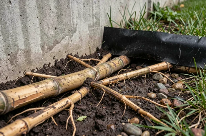 Rhizomes de bambous envahissant le sol près d'un mur de clôture en béton avec barrière anti-rhizomes partiellement soulevée