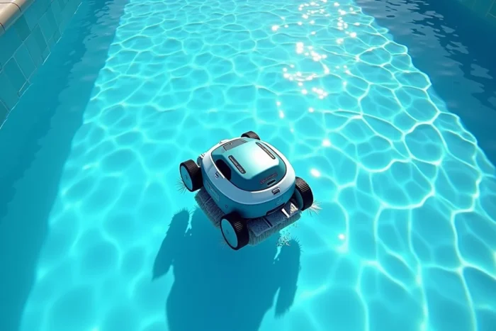 Robot nettoyeur au fond d'une piscine à l'eau bleue et transparente vue d'en haut avec effet de réfraction