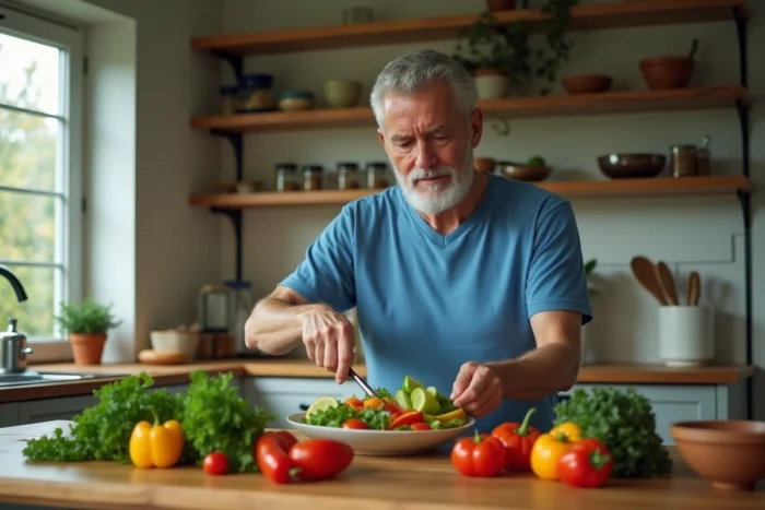 Homme senior préparant une salade fraîche et colorée dans sa cuisine, alimentation saine au quotidien