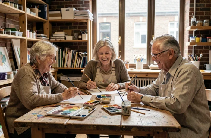 Groupe de seniors participant à un atelier créatif de peinture aquarelle dans un centre communautaire, valorisant le lien social et l'épanouissement à la retraite