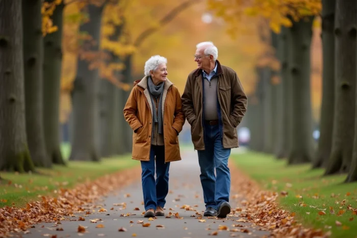Deux seniors marchant ensemble sur un sentier de parc en automne, activité physique et lien social pour le bien-être
