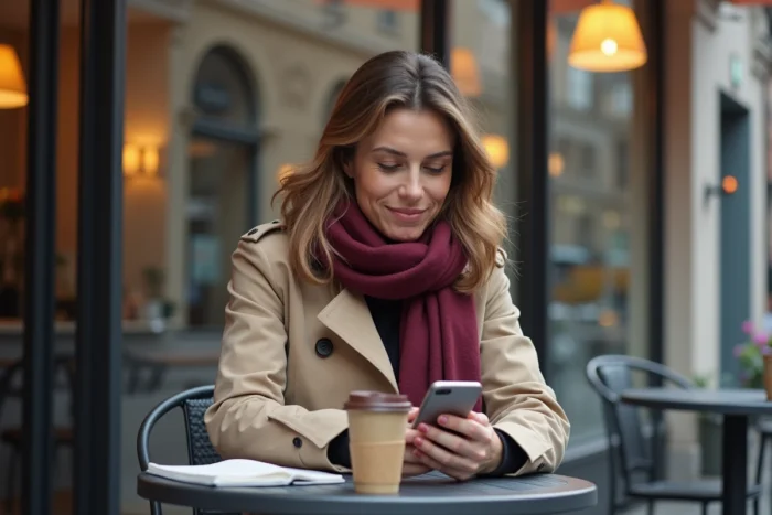Femme contactant le service client Zalando Belgique depuis un café bruxellois avec son smartphone