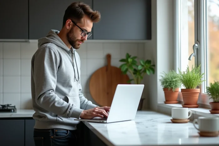 Homme utilisant un ordinateur portable pour contacter le service client Zalando en Belgique depuis sa cuisine