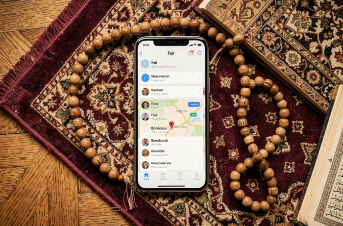 Smartphone affichant l'heure de prière Fajr à Bordeaux posé sur un tapis de prière avec chapelet et Coran