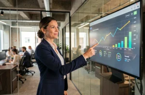 Femme cadre présentant des solutions business innovantes sur un tableau de bord numérique dans un bureau moderne