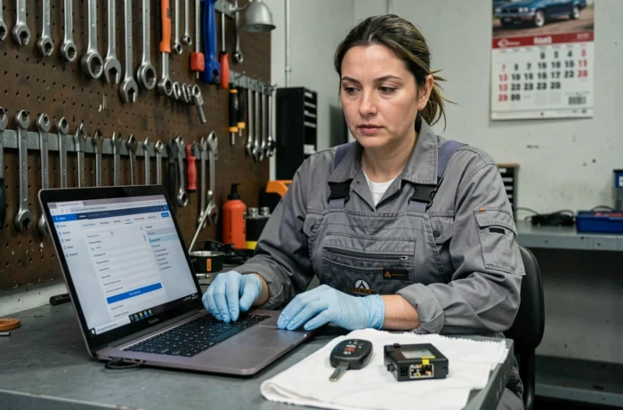Spécialiste en diagnostic automobile reprogrammant l'anti-démarrage d'une Clio 2 avec un logiciel professionnel et la clé transpondeur démontée
