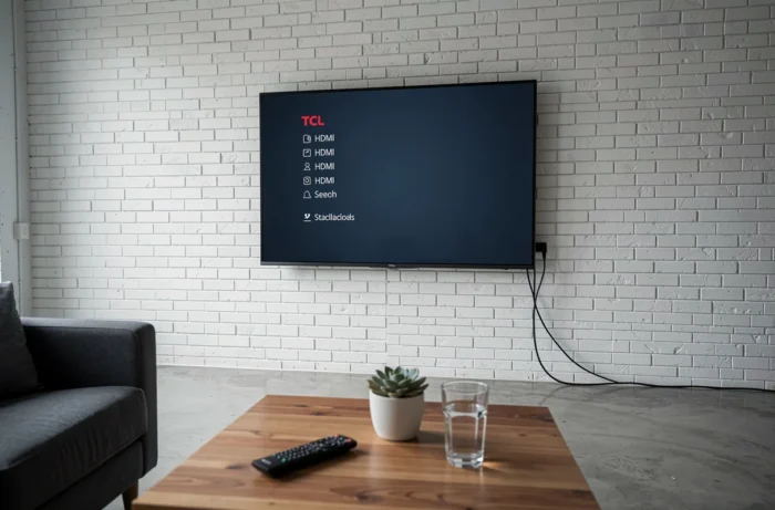 Télévision TCL affichant le menu de sélection d'entrée HDMI dans un salon contemporain avec télécommande posée sur la table