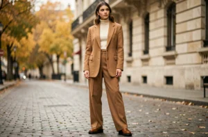 Jeune femme élégante portant un blazer oversize camel et un pantalon large dans une rue pavée parisienne en automne, tendances mode saison