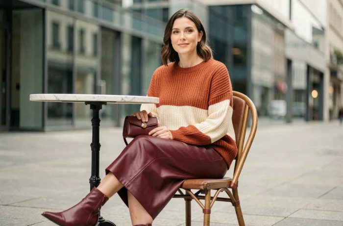 Femme tendance en pull color block terracotta et jupe midi en cuir bordeaux assise en terrasse de café urbain, style mode automne-hiver