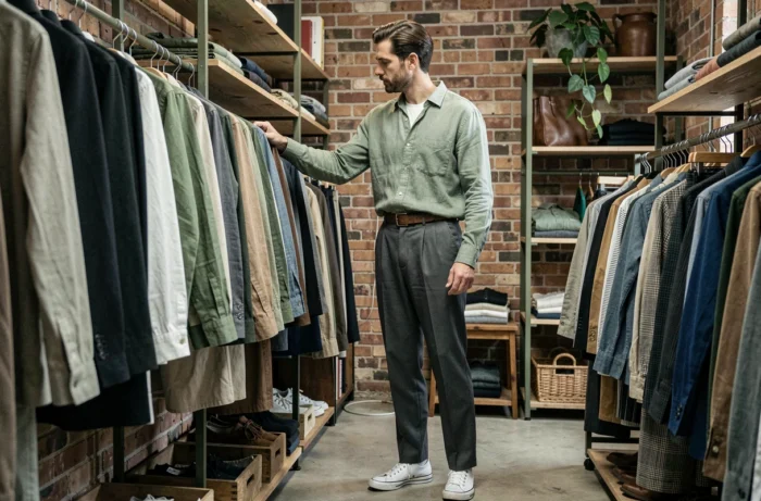 Homme élégant en chemise en lin vert et pantalon plissé gris choisissant des vêtements dans une boutique vintage au style minimaliste, mode masculine tendance