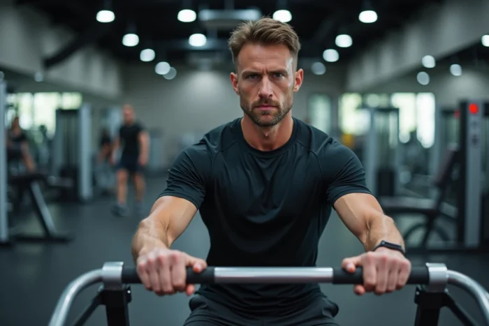 Sportif testant un appareil de musculation dans une salle de sport moderne pour optimiser ses performances
