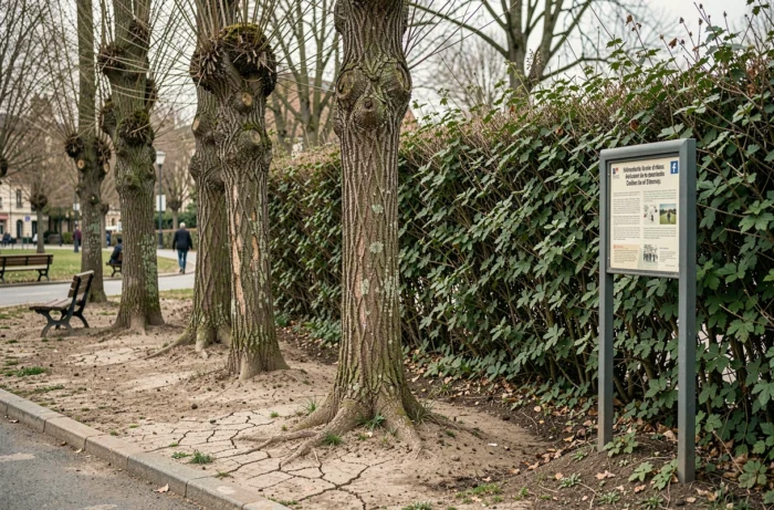 Rangée de thuyas mourants en bordure d'un parc urbain français comparée à une haie indigène de charmes et d'aubépines
