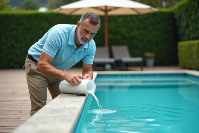 Technicien versant un traitement chimique dans une piscine pour obtenir une eau bleue et limpide