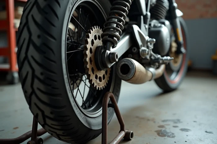 Gros plan sur le pneu arrière et la chaîne usée d'une moto d'occasion révélant l'usure liée au kilométrage élevé