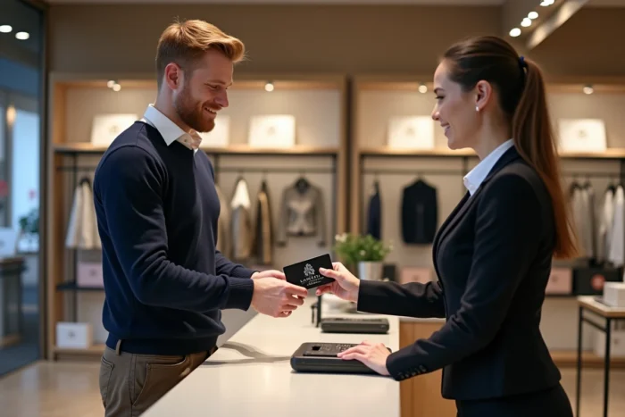 Client utilisant une carte cadeau Galeries Lafayette à la caisse d'un grand magasin
