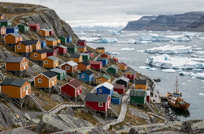 Vue panoramique du village coloré d'Ilulissat au Groenland avec maisons multicolores surplombant un fjord rempli d'icebergs