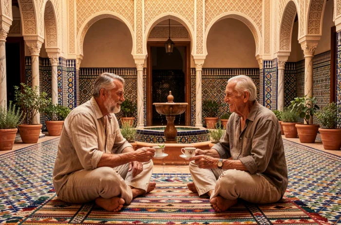 Voyageur partageant le thé à la menthe avec un habitant dans la cour d'un riad marocain traditionnel