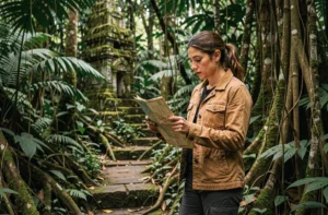 Voyageuse explorant un sentier de jungle avec des ruines anciennes en arrière-plan, tenant une carte de voyage
