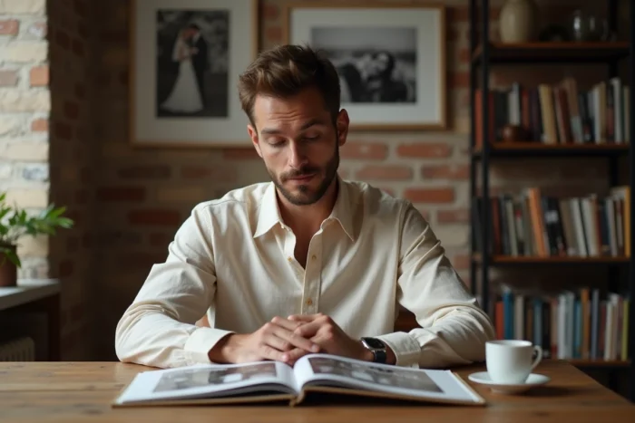 Homme consultant un album photo de mariage dans un appartement parisien chaleureux et intimiste